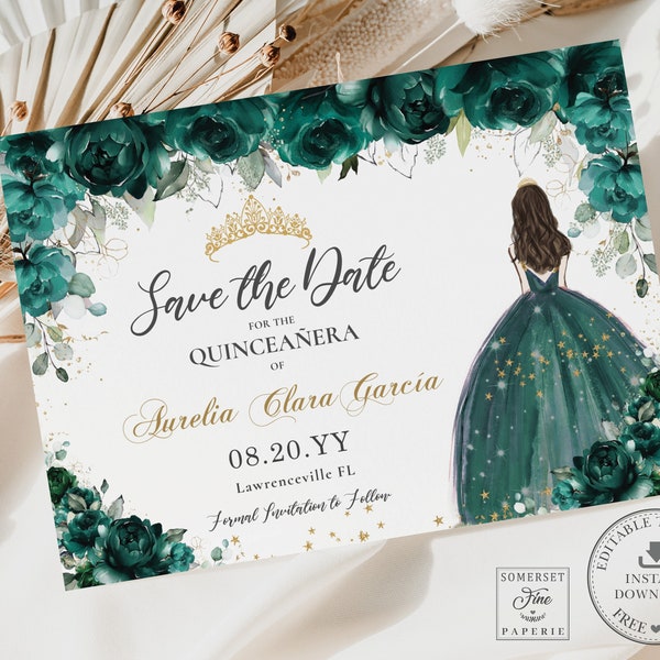 Emerald Green Floral Quinceañera Save the Date Card, INSTANT DOWNLOAD, Princess Tiara Roses Mis Quince 15th Birthday EDITABLE Template QC9