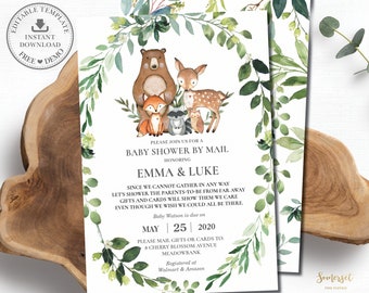EDITABLE TEMPLATE Rustic Woodland Animals Greenery Baby Shower by Mail Invitation Forest Deer Fox Virtual Digital Printable Download WL1