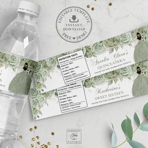 EDITABLE Sage Green Floral Roses Princess Girl Dress Gold Quinceañera Sweet 16 Water Bottle Labels Birthday Wrappers Stickers Printable QC43