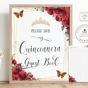 Rote Blumen Blumen Gold Schmetterlinge Quinceañera Gästebuch Zeichen EDITIERBARE VORLAGE, Mis Quitte 15 Anos 15. Geburtstag Gästeliste INSTANT QC13