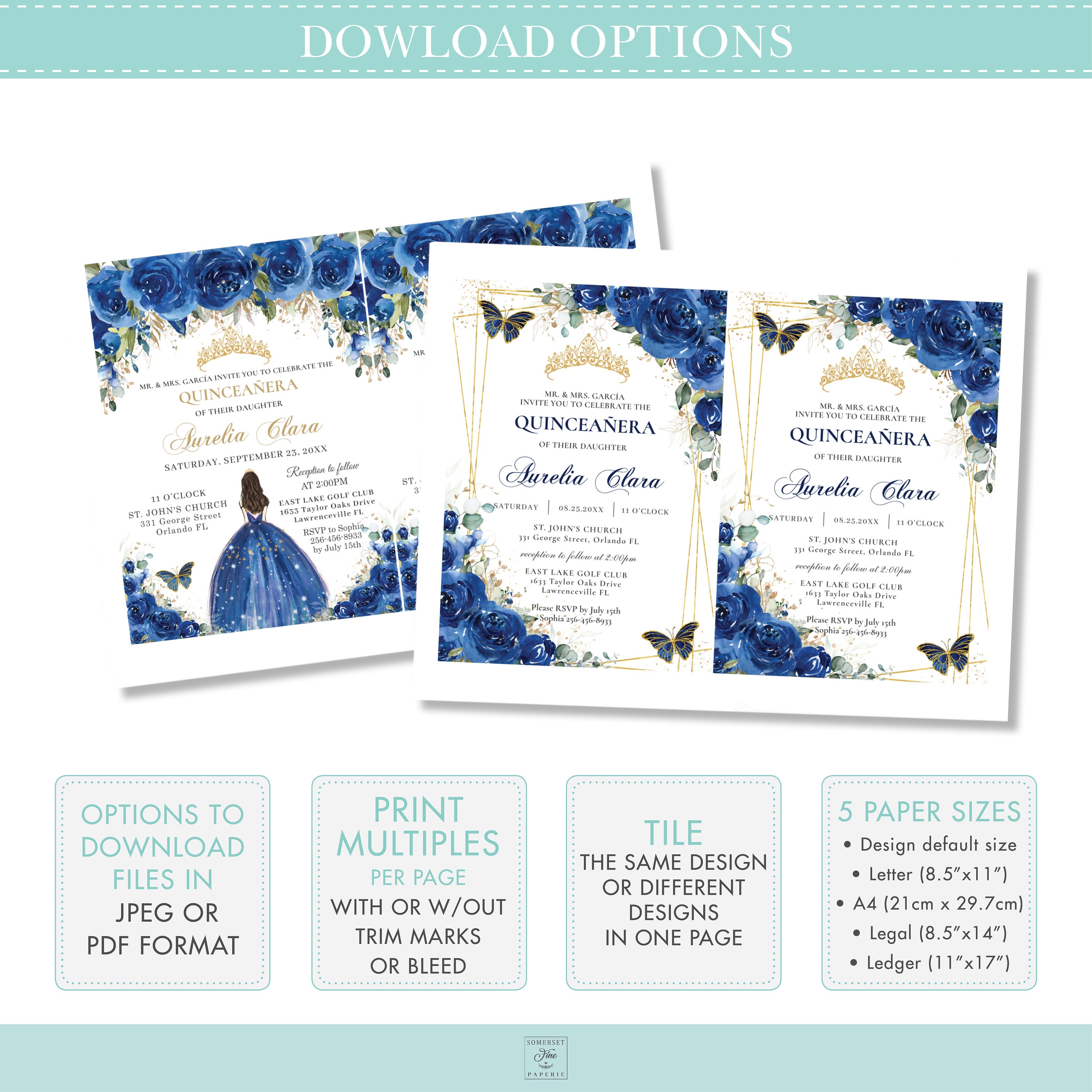 Navy Quinceanera Invitations, Gold and Blue Glitter Quinceanera
