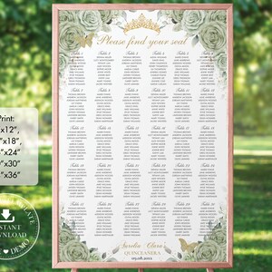 Sage Green Floral Gold Butterflies Quinceañera Seating Chart 30 Tables Printable EDITABLE TEMPLATE Mis Quince Anos 18th 16th Birthday QC43