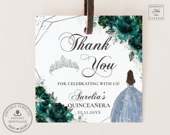 May include: A white thank you tag with a silver tiara, green floral design, and a blue dress illustration. The text reads "Thank You" and "For celebrating with us! Aurelia's Quinceañera 25.11.20XX".