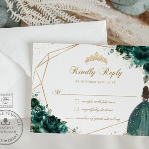 Emerald Green Floral Gold Quinceañera RSVP Card EDITABLE TEMPLATE Princess Dress Mis Quince 15 Anos Sweet 16 Birthday Printable Download QC9