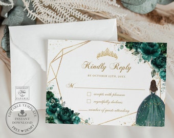 Puede incluir: Una tarjeta RSVP blanca con un marco geométrico dorado y detalles florales verde esmeralda. El texto dice "Kindly Reply by October 25th, 20XX". Hay dos casillas de verificación con el texto "accepts with pleasure" y "regretfully declines". Hay una línea para el número de invitados que asistirán.