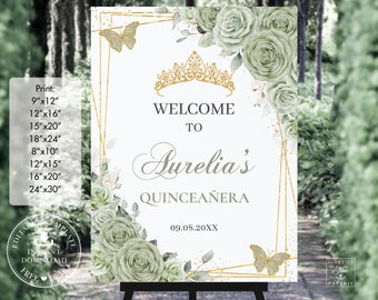 Letrero de bienvenida floral verde salvia para quinceañera, imprimible, PLANTILLA EDITABLE, mariposas para cumpleaños de 15 años, descarga instantánea QC43