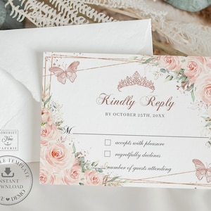 Blozen roze bloemen vlinders Rose goud Quinceañera RSVP kaart afdrukbare BEWERKBARE SJABLOON Quince 15 Anos 16e verjaardag Instant Download QC45