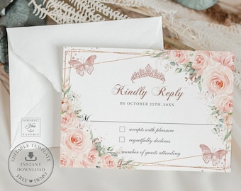 Puede incluir: Una tarjeta RSVP blanca con un marco dorado y un diseño floral rosa. El texto "Kindly Reply" está en una fuente cursiva con una corona dorada encima. La tarjeta incluye una casilla de verificación para "acepta con gusto" y "declina con pesar" y un espacio para el número de invitados que asistirán.