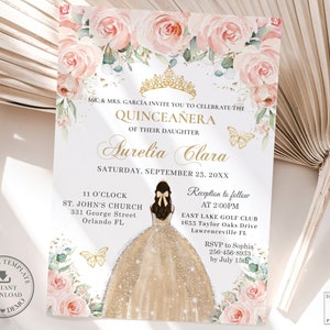 Chic Blush Floral Champagne Dress Quinceañera Invitation Printable EDITABLE TEMPLATE, Mis Quince 15 Sweet 16th Birthday INSTANT Download QC7