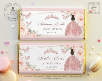 Blush Pink Floral Rose Gold Chocolate Bar Wrapper EDITABLE TEMPLATE Quinceanera Sweet 16 Birthday Aldi Hershey's Candy Label Printable QC7