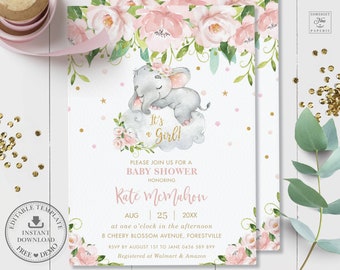 Elephant Baby Shower Invitation INSTANT DOWNLOAD, Chic Pink Blush Floral Sleeping Elephant Invite Printable, Diy EDITABLE Template Pdf, EP1