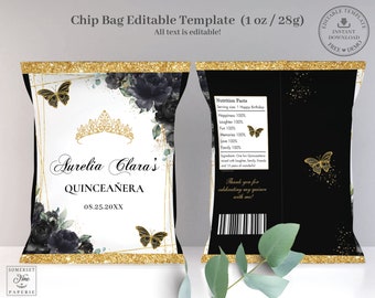 EDITABLE TEMPLATE Chip Bag Black Floral Roses Gold Butterflies Quinceañera Mis Quince 15 Anos Birthday Favor Instant Download Printable QC25
