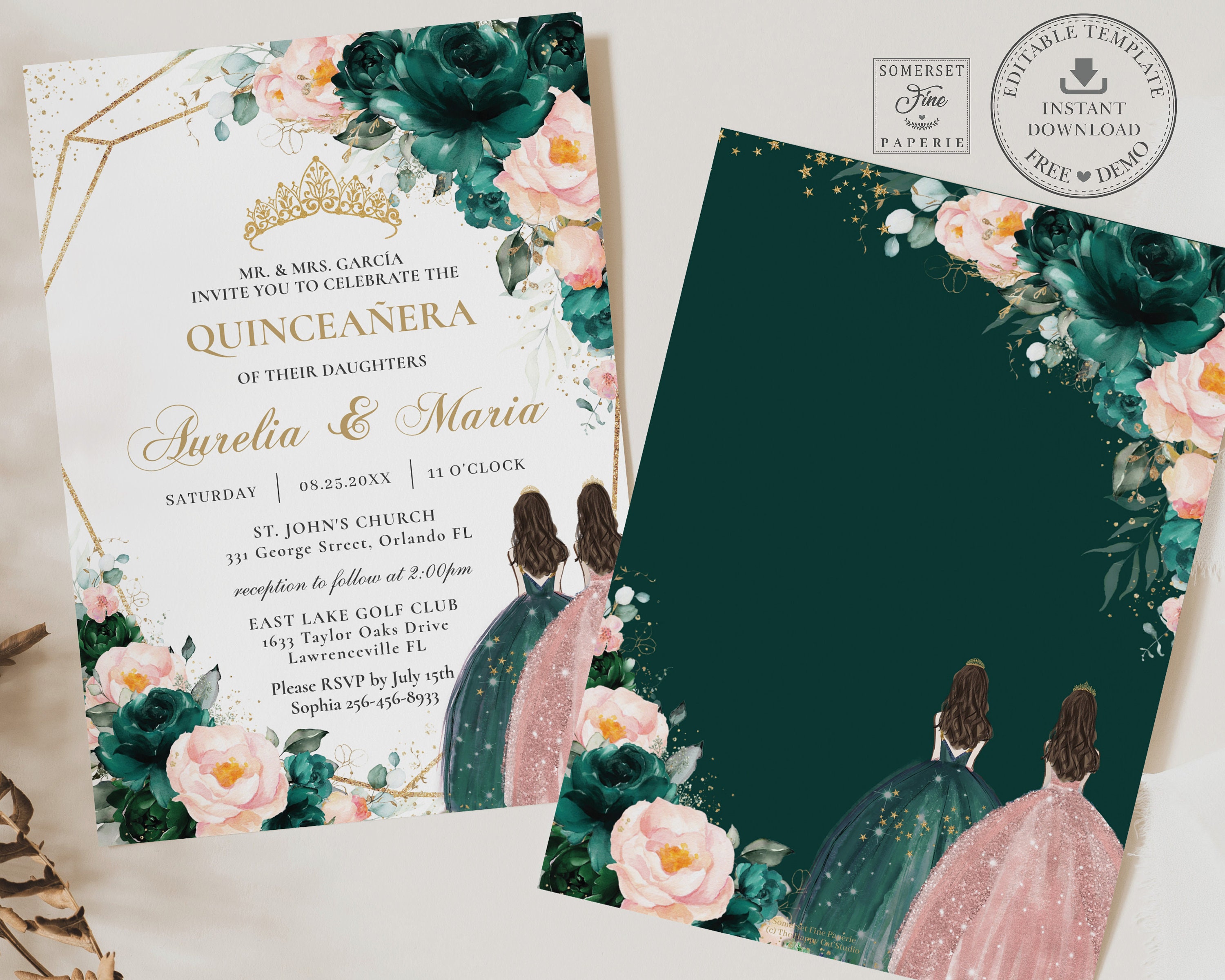 Emerald Green Blush Floral Quinceañera Invitation INSTANT Etsy Australia