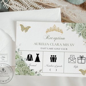 Sage Green Floral Gold Quinceañera Reception Details Enclosure Card EDITABLE TEMPLATE Butterflies Quince 15 16 Birthday Download File QC43