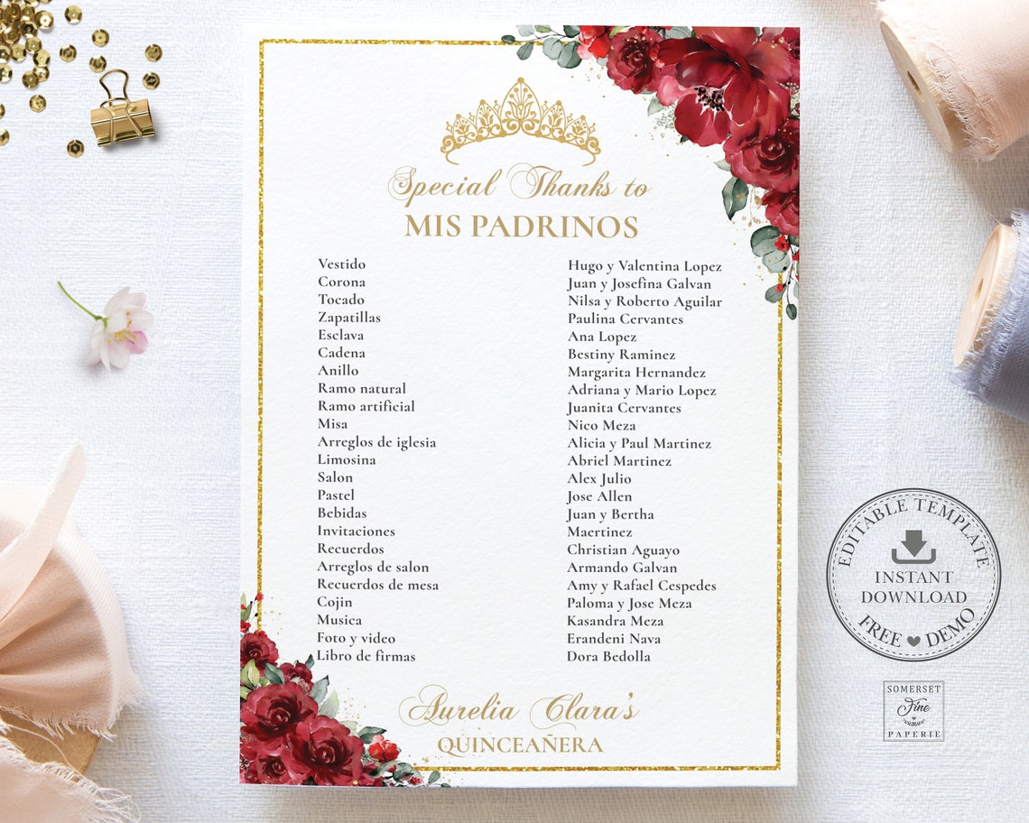 Red Roses Floral Quinceañera Mis Padrinos List Printable - Etsy