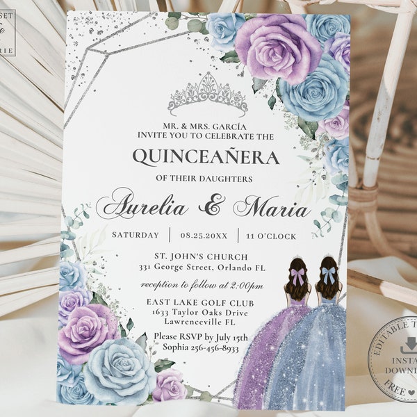 Baby Blue Purple Lilac Floral Silver Quinceañera Invitation INSTANT DOWNLOAD Quince 15 Twins Sisters Birthday Invite Editable Template QC29