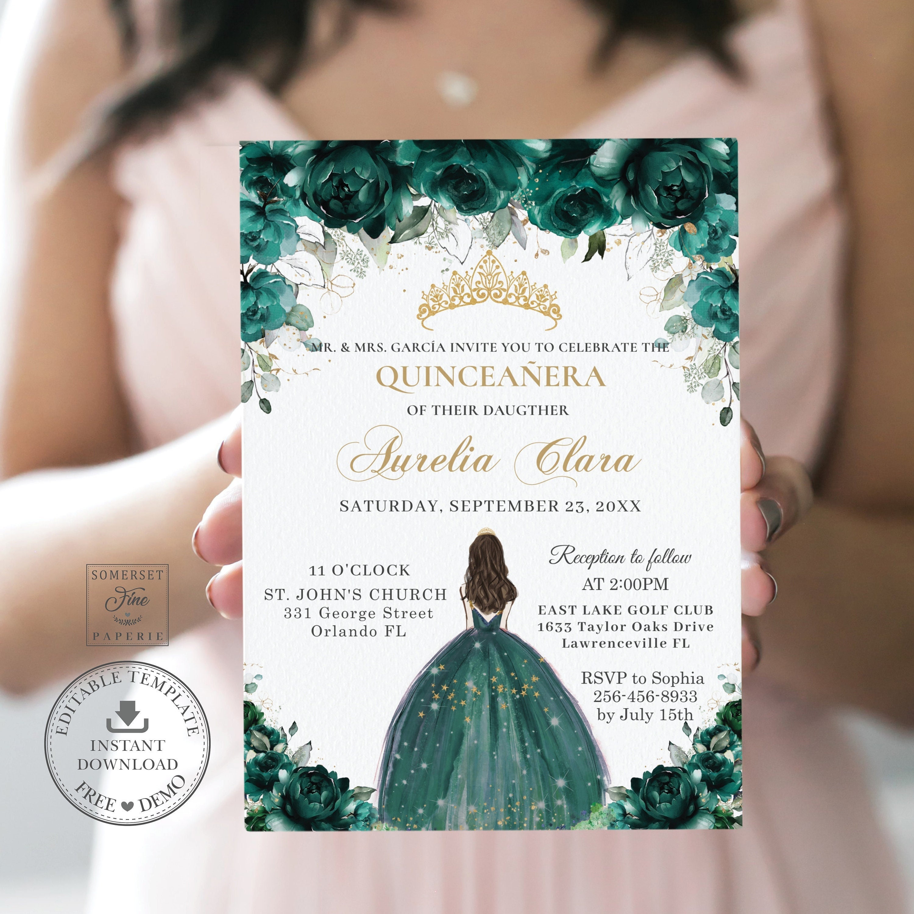 Emerald Green Floral Quinceañera ...