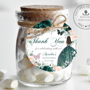 EDITABLE TEMPLATE 2" Circle Favor Label Emerald Green Blush Floral Silver Princess Quinceaneara 15th Birthday Sweet 16 INSTANT Download QC20