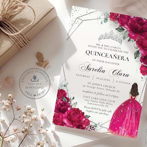 Fuchsia Hot Pink Floral Princess Silver Quinceañera Invitation EDITABLE Template Magenta Quince 15 Sweet 16 Birthday Printable Download QC71