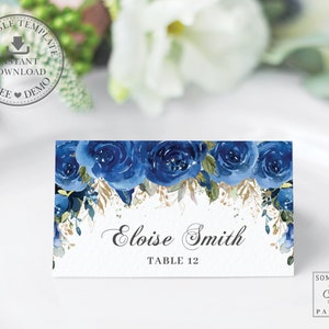 Royal Blue Floral Place Cards Imprimable EDITABLE TEMPLATE, Guest Name Quinceañera Sweet 16 Birthday Princess Crown, INSTANT Download, QC16