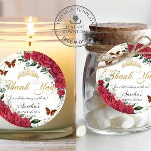 EDITABLE Red Roses Floral Butterflies Gold Butterflies Round Sticker Labels Tag  Quinceaneara 15 Birthday Sweet 16 Printable Download QC19