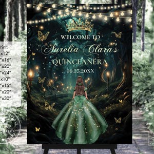 Vestido verde esmeralda de bosque encantado para quinceañera, letrero de bienvenida imprimible, plantilla editable, quinceañera, 15, XV, dulces 16, 17 y 18 cumpleaños, descarga EF2