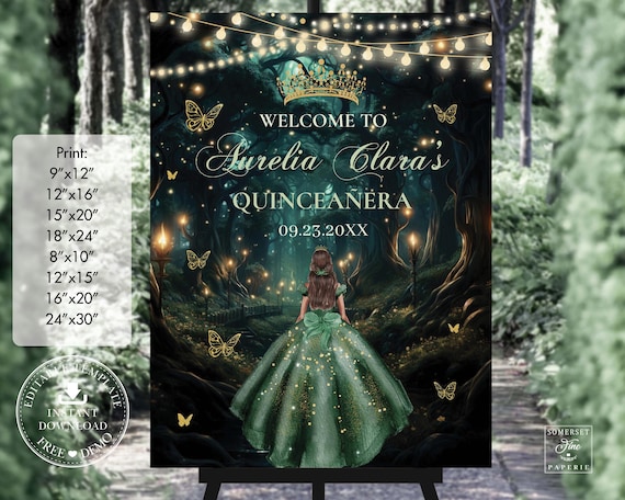 Enchanted Forest Emerald Green Dress Quinceaera Welcome Sign Printable  EDITABLE TEMPLATE Quince 15 XV Sweet 16 17 18 Birthday Download EF2 - Etsy