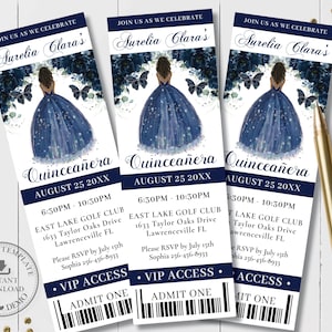 Navy Blue Floral Brown Princess Silver Quinceañera Ticket Invitation EDITABLE TEMPLATE Mis Quince 15 XV 16 Birthday Download Printable QC17