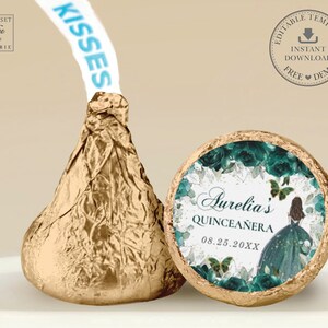 EDITABLE TEMPLATE Hershey Kisses Round Label Printable Emerald Green Floral Princess Quinceaneara 15 Birthday Sweet 16 INSTANT Download QC9