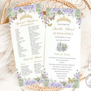 EDITABLE Slim Purple Lilac Lavender Sage Green Floral Gold Quinceanera Program Quince XV Birthday Order of Events Padrinos Download QC67