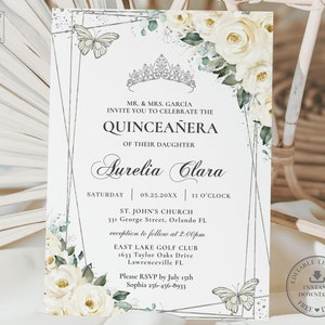 Ivory White Floral Silver Butterflies Quinceañera Invitation EDITABLE TEMPLATE, Mis Quince 15 Anos Birthday Instant Download Printable, QC21
