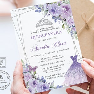 Púrpura Lila Floral Plata Quinceañera Invitación DESCARGA INSTANTE Vestido Mis Quince 15 Anos Cumpleaños Plantilla Editable Imprimible QC3