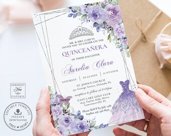 Purple Lilac Floral Silver Quinceañera Invitation INSTANT DOWNLOAD Dress Gown Mis Quince 15 Anos Birthday Editable Template Printable QC3