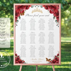 Red Floral Flowers Quinceañera Seating Chart Printable, EDITABLE TEMPLATE, Mis Quince 15 Anos 18th 16th Birthday Diy INSTANT Download QC13