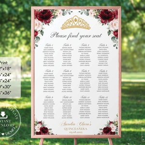 Burgundy Blush Floral Quinceañera Seating Chart, EDITABLE TEMPLATE, Mis Quince 15 Anos Birthday Diy, INSTANT Download, Pdf Printable, QC1