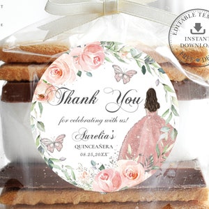 EDITABLE TEMPLATE 2&quot; Circle Favor Label Blush Pink Floral Silver Princess Quinceaneara 15th Birthday Sweet 16 Printable INSTANT Download QC7