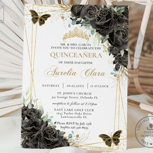 Black Gold Floral Roses Butterflies Quinceañera Invitation EDITABLE TEMPLATE, Mis Quince 15 Anos 16 Birthday Instant Download Printable QC25
