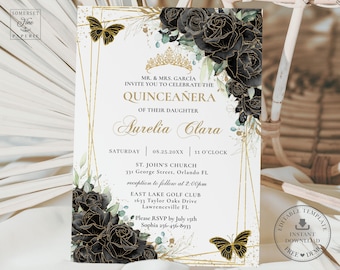Black Gold Floral Roses Butterflies Quinceañera Invitation EDITABLE TEMPLATE, Mis Quince 15 Anos 16 Birthday Instant Download Printable QC25