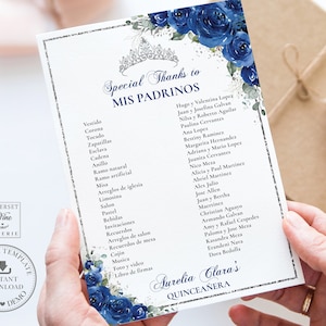 Royal Blue Floral Silver Quinceañera Mis Padrinos List Printable, EDITABLE TEMPLATE, Mis Quince 15 Anos Birthday, INSTANT Download, QC16