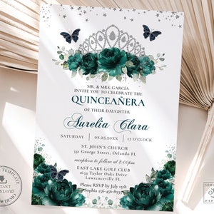 Emerald Green Floral Roses Quinceañera Invitation EDITABLE TEMPLATE Silver Crown Mis Quince 15 Anos Birthday, Instant Download Printable QC9