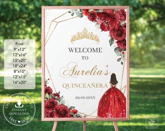 May include: A printable sign for a Quinceañera celebration. The sign features a gold geometric frame with a red floral design and a crown. The text on the sign reads "Welcome to Aurelia's Quinceañera 09.08.20XX".