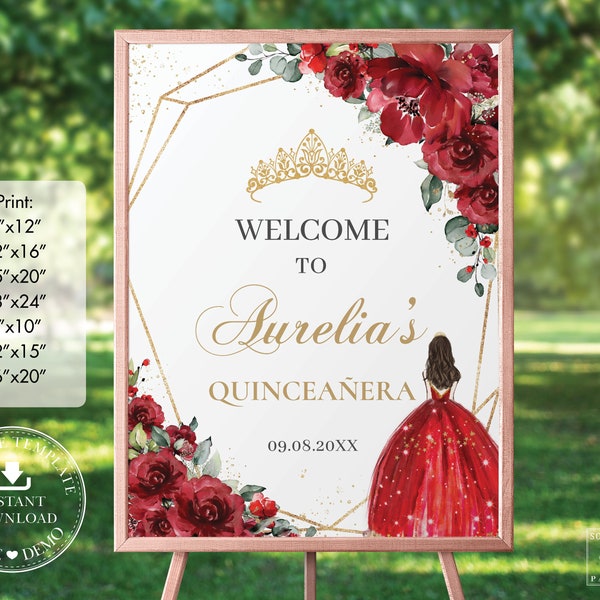 Red Floral Quinceañera Welcome Sign, EDITABLE TEMPLATE, Gold Crown Princess Mis Quince 15 Anos Birthday, INSTANT Download Pdf Printable QC13