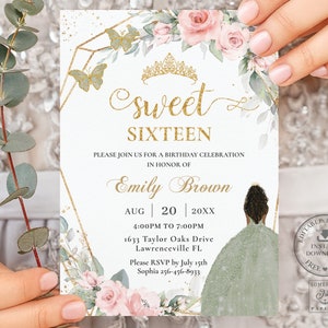 EDITABLE Soft Blush Pink Floral Sage Green Dress Brown Princess Sweet Sixteen Invitation Quinceañera 16th Birthday Printable Download BP2