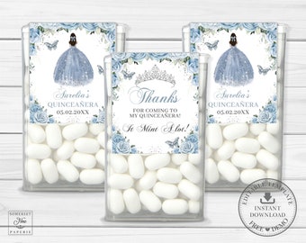Baby Blue Floral Silver Princess Tic Tac Labels Printable EDITABLE TEMPLATE 15 Quinceañera 16th Birthday Mint Sticker Favors Download QC18