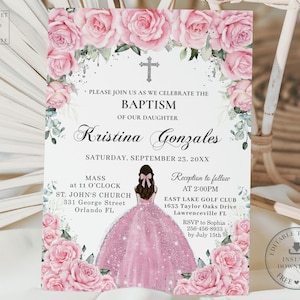 Rosa Blumen Silber Taufe Taufe Einladung druckbare EDITIERBARE VORLAGE, Mädchen Kleid Erstkommunion einladen, SOFORTIGER Download QC24