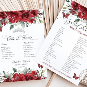 Red Floral Silver Rose Quinceañera Padrinos Chambelanes List Printable EDITABLE TEMPLATE Mis Quince 15 Anos Princess, INSTANT Download, QC13