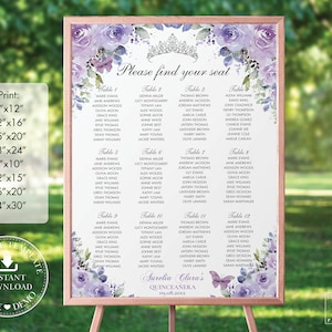Purple Lilac Floral Silver Butterfly Quinceañera Seating Chart Printable, EDITABLE TEMPLATE, Mis Quince Anos 18th 16th Birthday INSTANT QC3