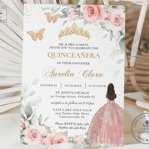 Pastel Blush Pink Floral Rose Gold Dress Quinceañera Invitation INSTANT DOWNLOAD Mis Quince 15 Anos Birthday EDITABLE Template Printable BP1