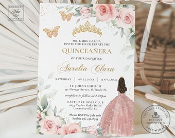 May include: A pink and gold Quinceañera invitation with a floral design. The invitation includes the text "MR. & MRS. GARCÍA INVITE YOU TO CELEBRATE THE QUINCEAÑERA OF THEIR DAUGHTER Aurelia Clara" and details for the event, including the date, time, and location.