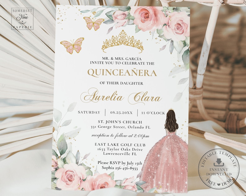 May include: A pink and gold Quincea&ntilde;era invitation with a floral design. The invitation includes the text "MR. & MRS. GARC&Iacute;A INVITE YOU TO CELEBRATE THE QUINCEA&Ntilde;ERA OF THEIR DAUGHTER Aurelia Clara" and details for the event, including the date, time, and location.